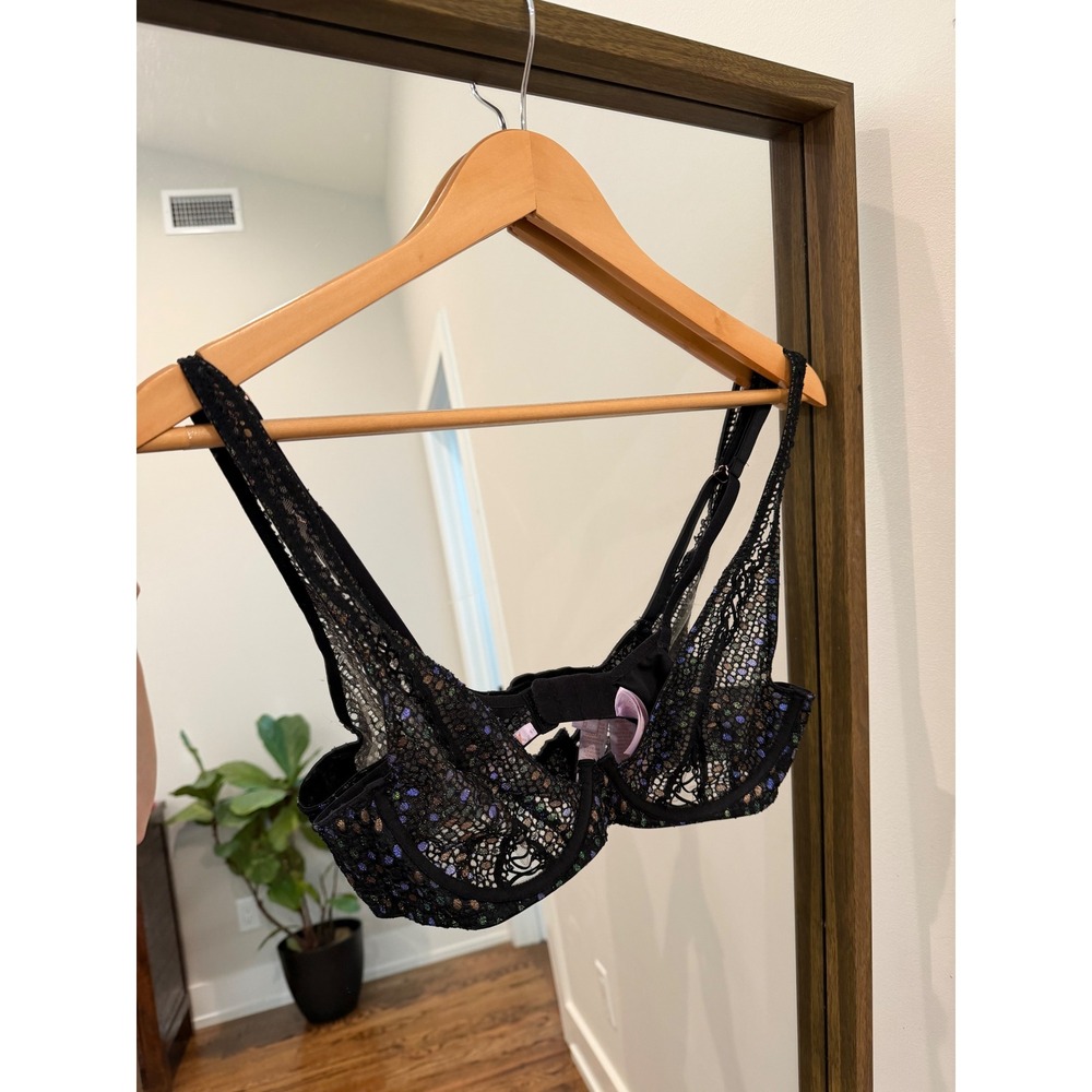 Savage X Fenty Black Lace Metallic Foil Dot Lace Up Underwire Bra 34B
